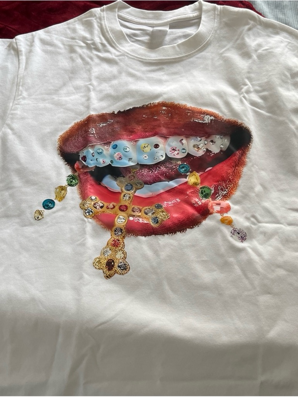 White Kids Graphic Tee with Red Lips and Jewel Cross Print '